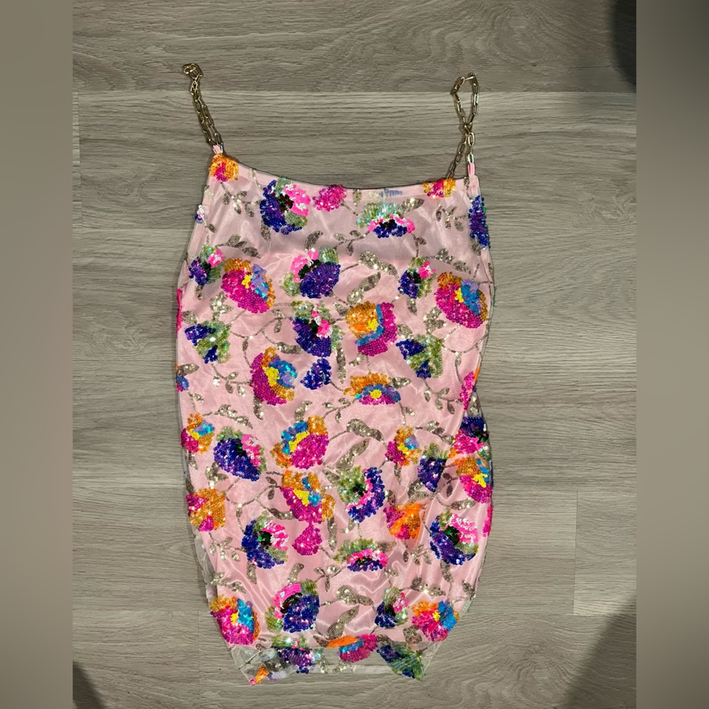 Floral Sequin Dress with Chain Straps